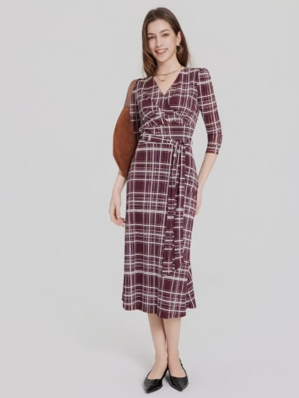 Plaid Wrap Midi Dress in Burgundy - Classic V-Neck Waist Tie
